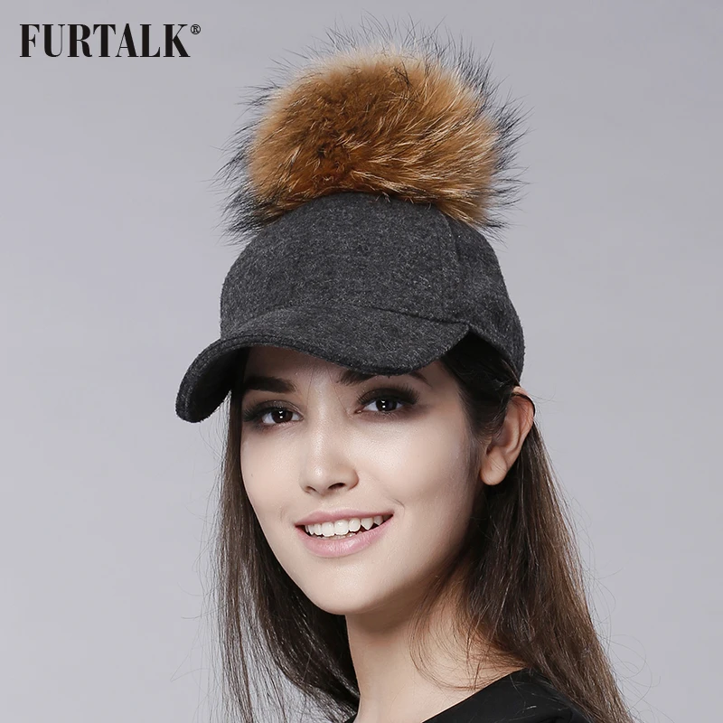 

Furtalk Wool Snapback Cap Real Big Raccoon Pom Pom Hat Women Hat Pom Pom Hat