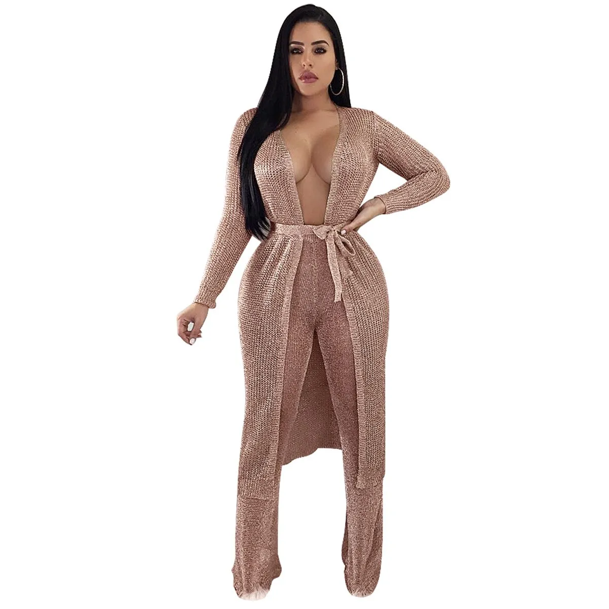 Women Sexy Club Rose Gold Knitted Sweater Dress New Autumn Winter Long Sleeve V-Neck Party Dresses Dresses