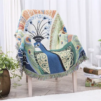 

Cotton Thick Peacock Rectangular Color Throw Sofa blanket TV Thread Blanket decorative slipcover on Sofa/Bed/Plane Travel Plaids