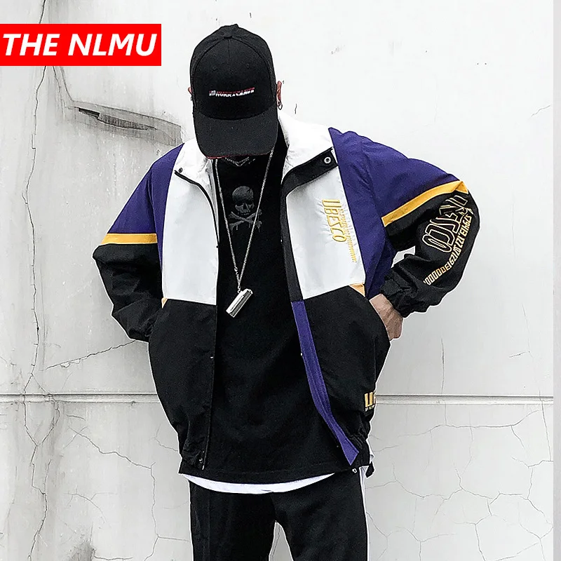 

Spring Hip Hop Windbreaker Jacket Mens Harajuku Color Block Jacket Coat Vintage Zip Track Jacket Streetwear Student Thin WG224