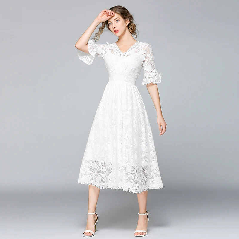 Французское Летнее белое кружевное платье принцессы; Vestidos; повседневная одежда; Mujer; коллекция года; большие качели; миди; пляжное праздничное платье; Robe BLANCHE Femme; K9011