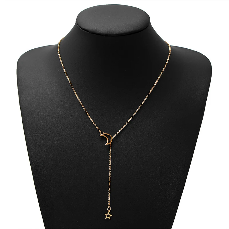 Qevila New Fashion Necklace Tiny Star Moon Pendant Necklace Bohemian Gold Silver Star Moon Choker for Women Chain Jewelry Gifts (2)