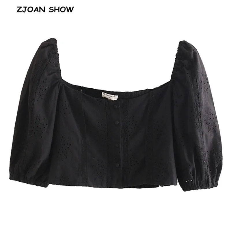 

2019 Square Collar Hollow Out Embroidery Lace Ruched Crop Top Women Sexy Buttons Dow Tank Tops Summer Streetwear Slim Fit Tees