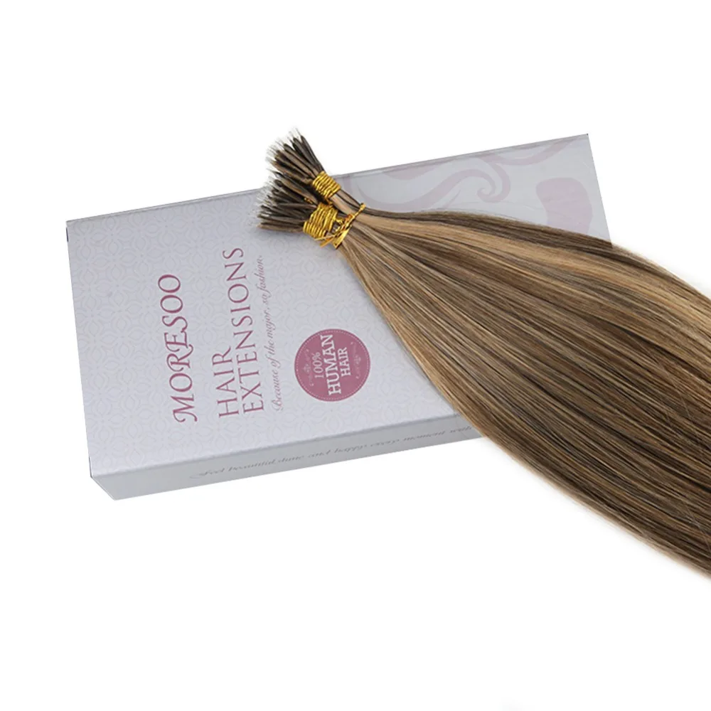 Moresoo 16-22inch Micro Nano Ring Hair Extensions Human Hair Brown #4 Highlights with #27 Blonde Pre Bonded 50 Strands 40g