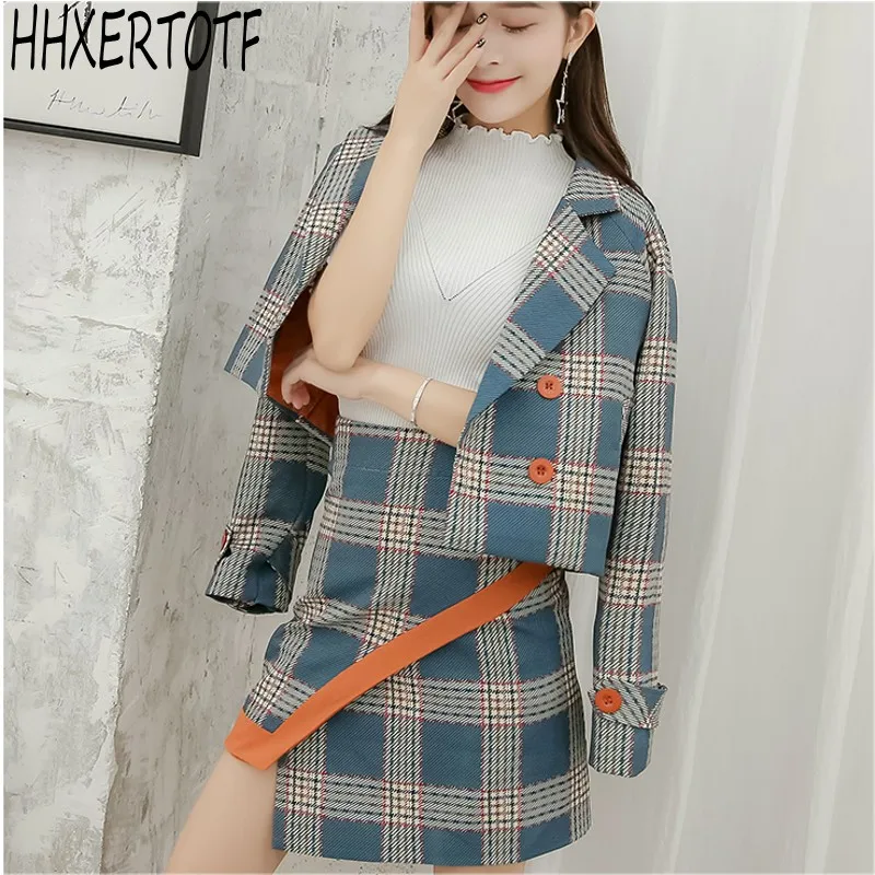 

2019 spring Formal skirts Suits Women OL Two Piece Set Double-breasted plaid short jacket Coat+High waist Irregular skirts