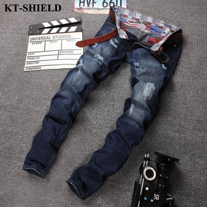 2017 Brand Fashion Jeans Men Straight Slim fit Denim Pants ripped biker jeans for man Cotton