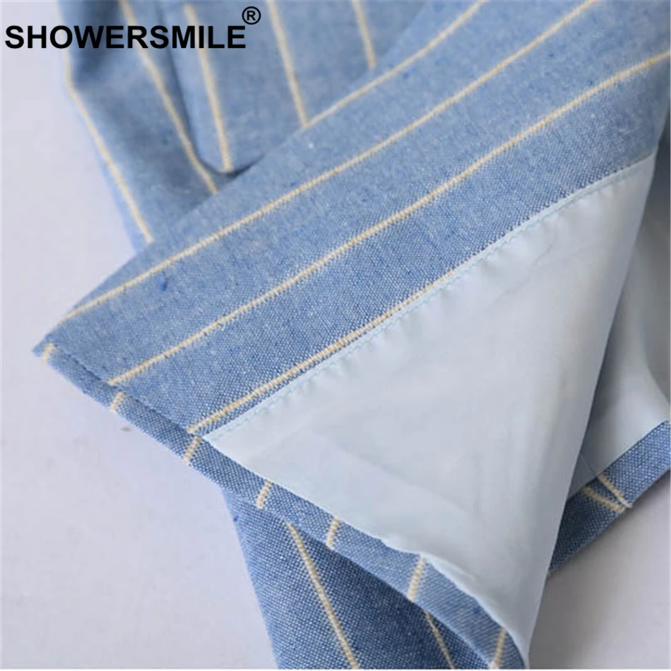 SHOWERSMILE Striped Vest Women Cotton Linen Blue Slim Fit Sleeveless Jacket Female Elegant Office Wear Autumn Vests Waistcoat