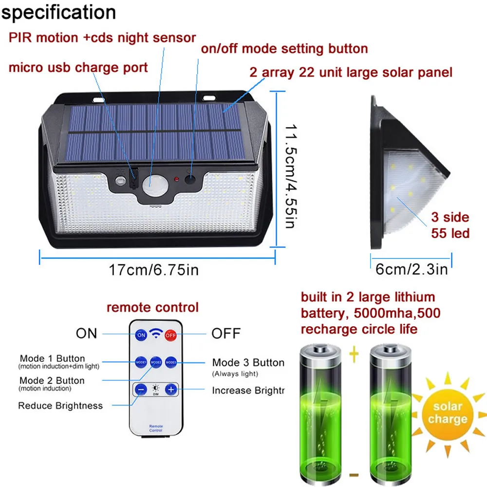 55 светодиодов Солнечный свет пульт дистанционного управления радар 3 боковое освещение usb порт Солнечный настенный светильник лагерь