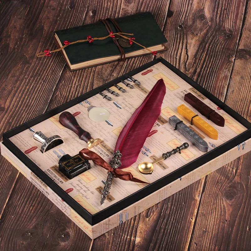 

Gift Box Vintage Harry Potter Metal Curved Natural Turkey Feather Pen Set with 5 nibs, pen stand, Wax, Name Seal, Quil