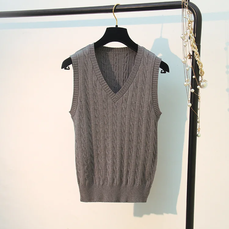 Korean Wool Sweater Vest Spring Autumn Women V-Neck Knitted Vest Female Casual Tank tops Tees Sleeveless Twist Knit Pullovers 