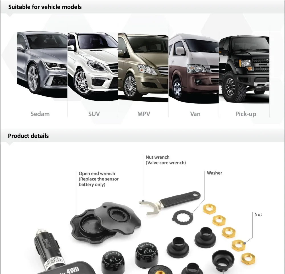 Steelmate TP-03S TPMS система контроля давления в шинах с регулируемым ЖК-дисплеем прикуриватель 4 клапана-колпачок внешние датчики