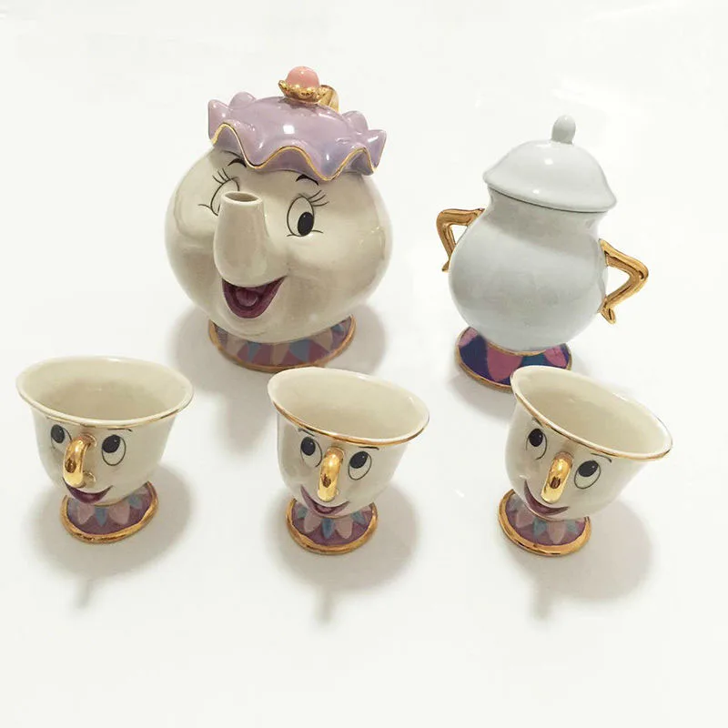 

Drop Shipping Cartoon Beauty And The Beast Teapot Mug Mrs Potts Chip Cogsworth Tea Pot Cup Sugar Pot Bowl Clock Lovely Xmas Gift