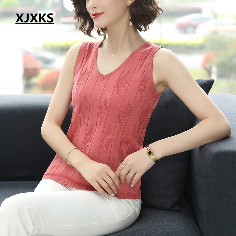 

XJXKS Solid Color Young Women Tee Shirt Femme 2019 Summer New All-match Comfortable Thin Sleeveless Casual Women T-shirt Tops