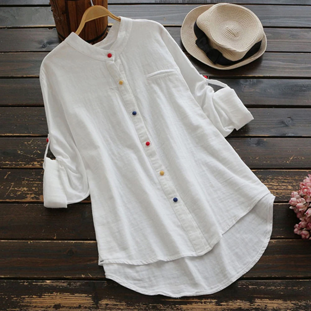 

Long Sleeve Women's Loose Blouse Casual Tops Turn down Collar Vintage Solid Shirts Cotton Linen Women's Blouses Plus Size 5XL