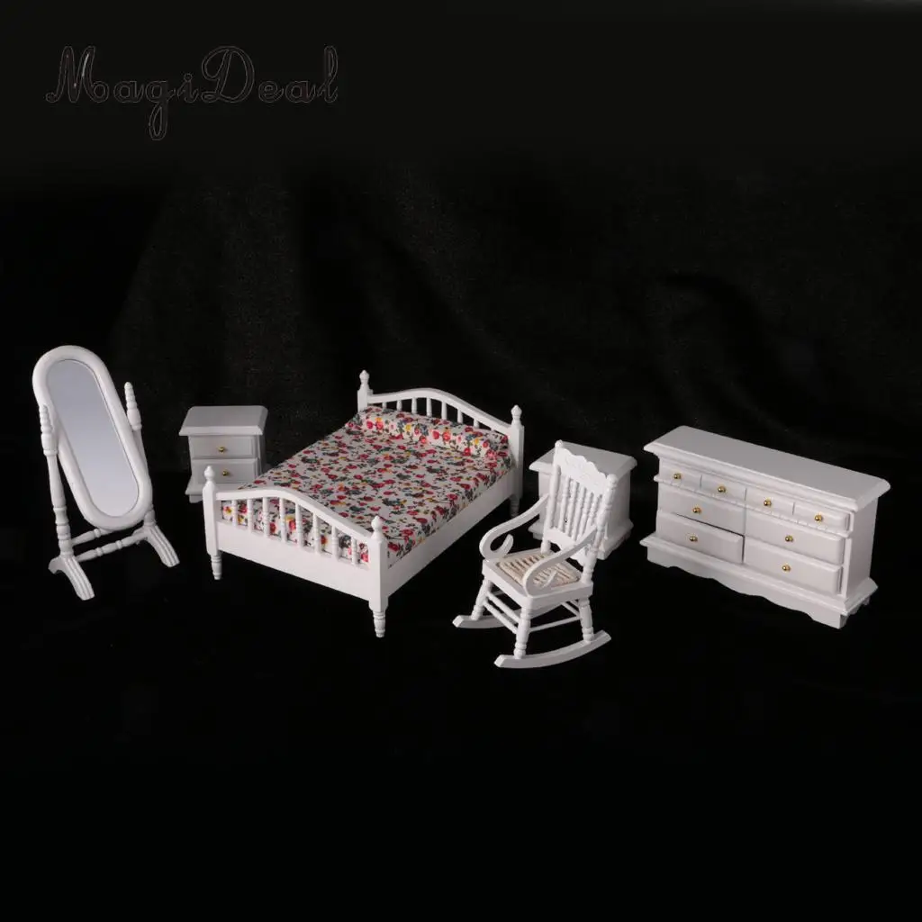 European Retro Design 1:12 Dollhouse Miniature White Wooden Bedroom Double Bed Dresser Mirror Chair Furniture Accs Kids Toys