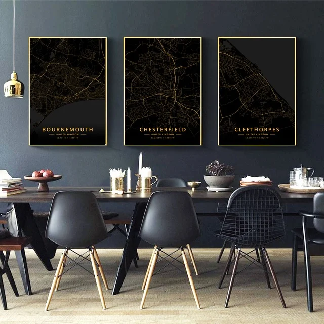 Chesterfield Bournemouth UK City Map Gold Canvas Art Print Wall Pictures for Living Room No Frame | Дом и сад