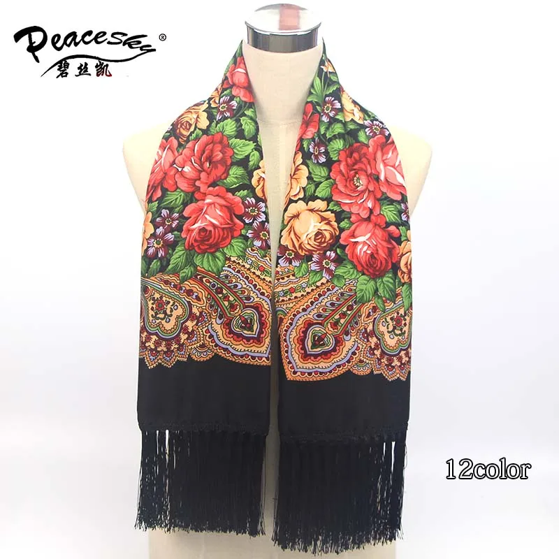 Роскошный бренд для женщин шарф с принтом русский этнический стиль хлопок цветочный узор кисточка зимний теплый квадратный шарф-одеяло - Цвет: Черный