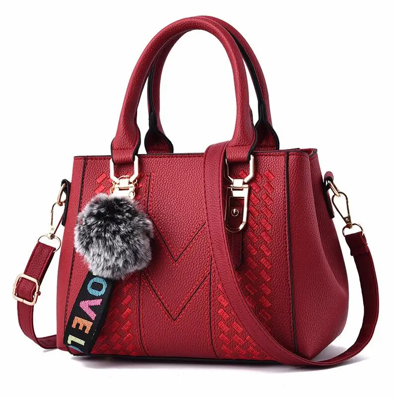 Embroidery Messenger Bags Women Leather Handbags Bags for Women Sac a Main Ladies hair ball Hand Bag - Цвет: 6