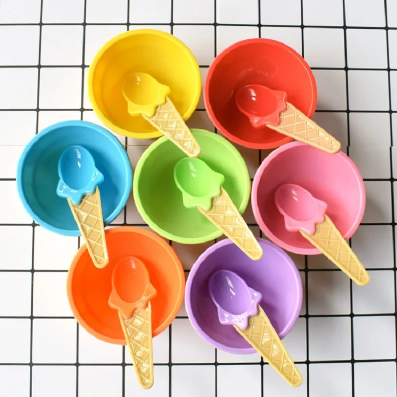 2pcs Ice cream Bowls Spoons Plate Baby Tableware Food Container Feeding Plates Tableware Set Dinnerware Dishes for Kids Children