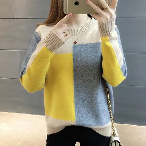 Женский свитер с вязаным SURMIITRO, длинным рукавом лоскутного прыгуном в корейском стиле для женщин осени зима - Цвет: yellow gray khaki