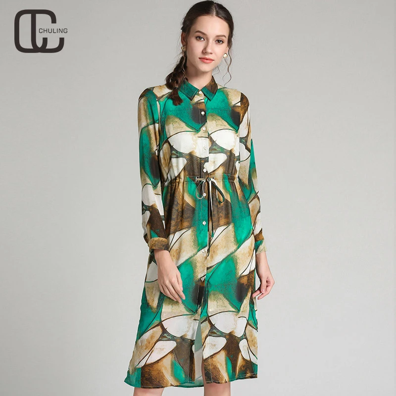 Spring Autumn Woman's Printed Chiffon Casual Plus Size Dresses Holiday