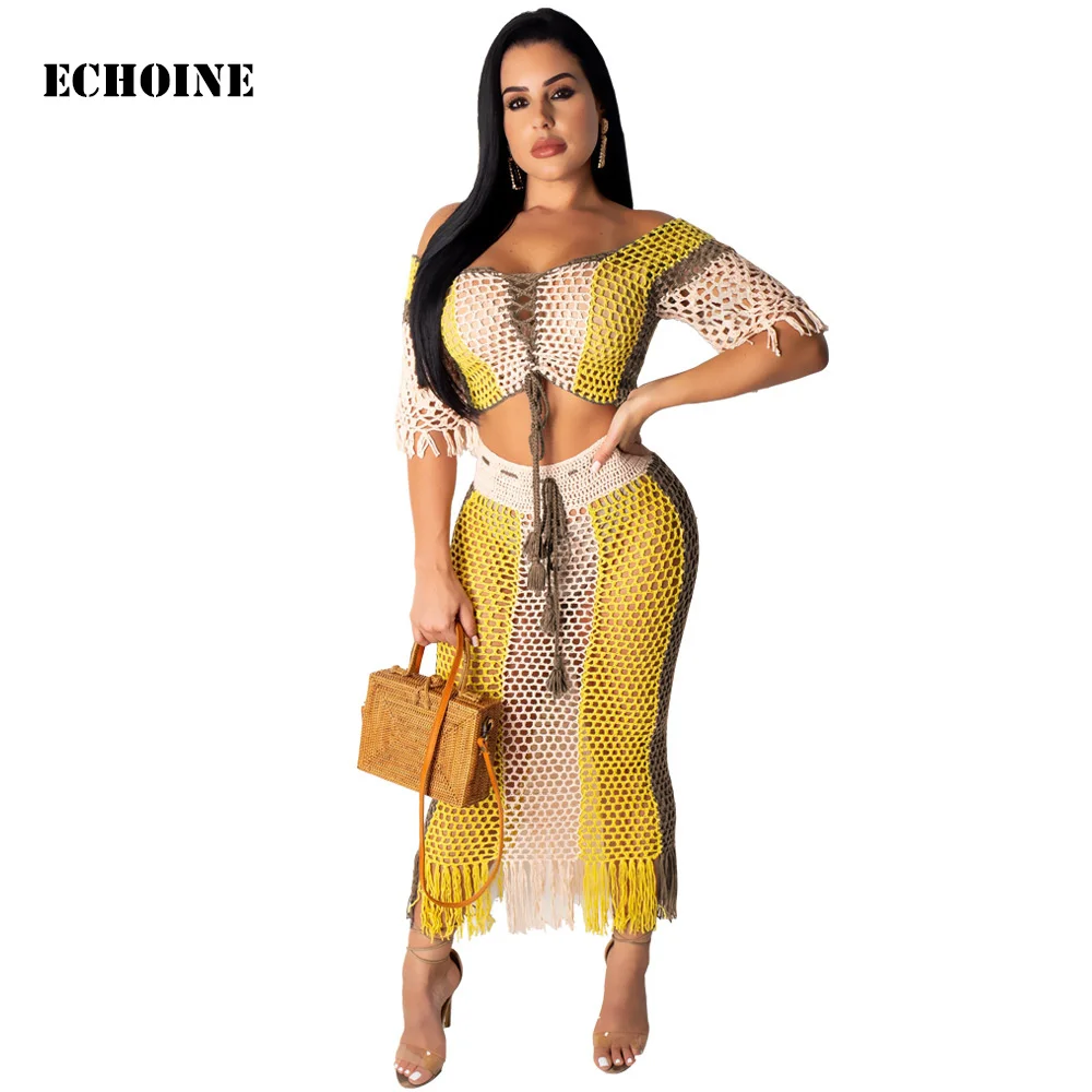 

Knitted Fishnet Hollow Out 2 Piece Set Slash Neck Crop Top and Long Skirt with Belt Sexy Transparent See Through Club Skirt Set
