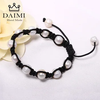 

DAIMI Trendy 10mm Natural Pearl Adjustable Bracelets White Black /Red Rope Chain Handmade Bracelet For Lady 2 Colors 17-22cm