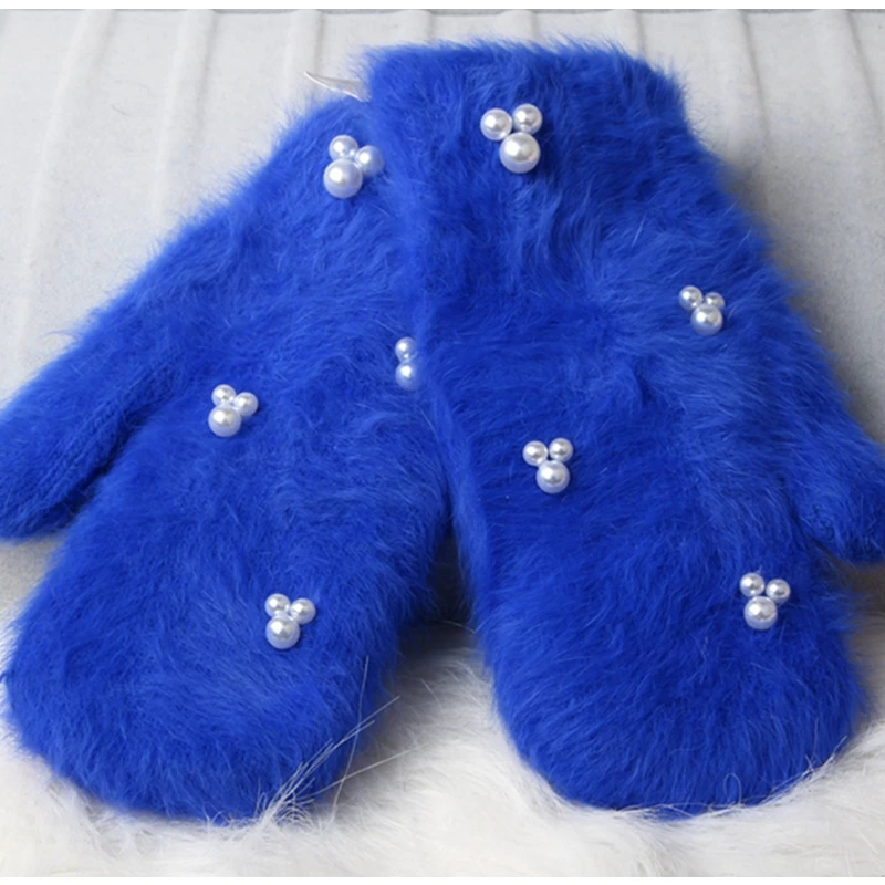 Зимние перчатки женские роскошные перчатки с жемчугом и кроличьим мехом двойные теплые перчатки для женщин зимние перчатки варежки для девочек guantes