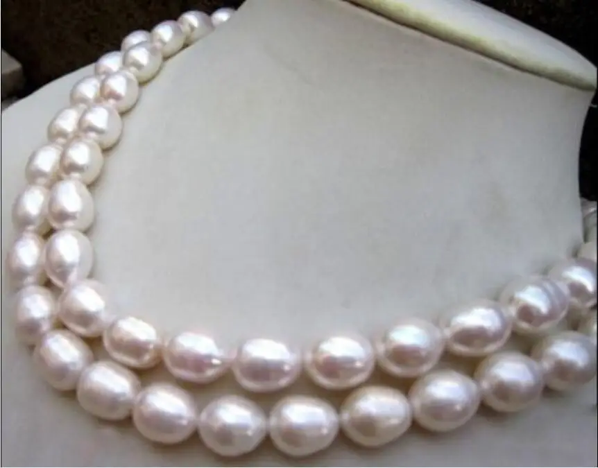 

2 ROW 11-13MM NATURAL WHITE SOUTH SEA BAROQUE PEARL NECKLACE ok YELLOW CLASP