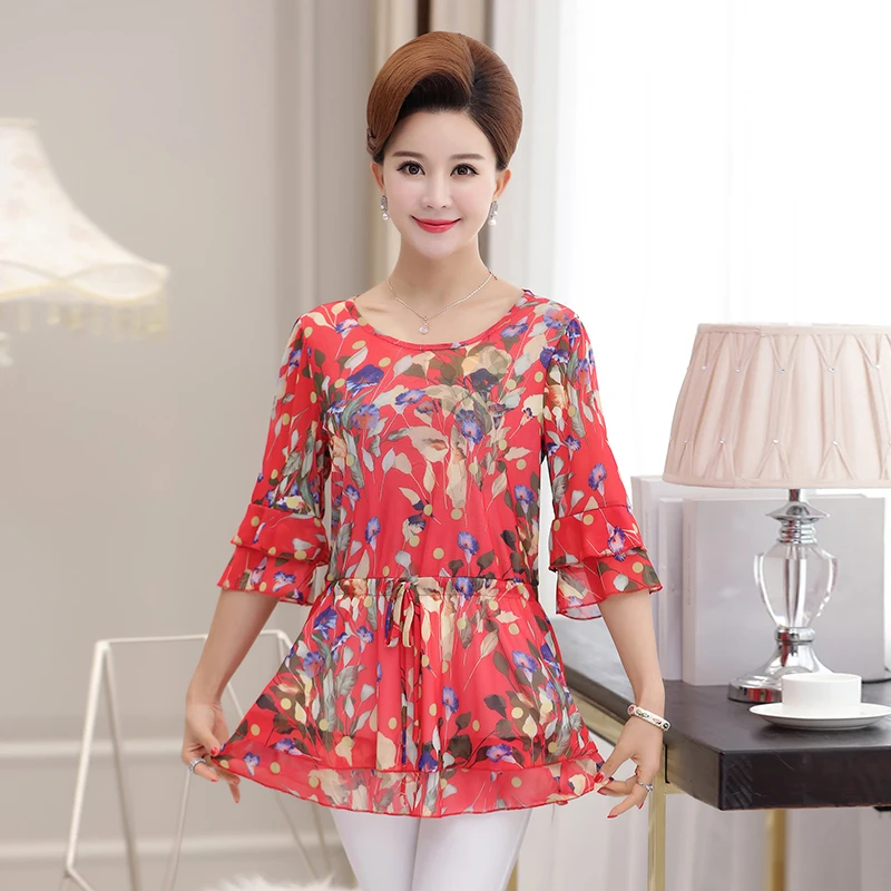 

NIFULLAN Blusa Femininas Fashion Women Top Flare Half Sleeve Chiffon Shirt Mother Plus Size Summer Floral Blouse Tunic Clothing