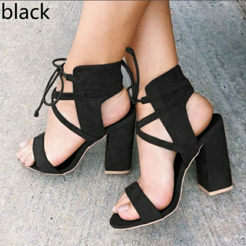 

New summer high heels ladies women's ladies lace with dew square ladies sandals casual shoes high heels gladiator sandals women