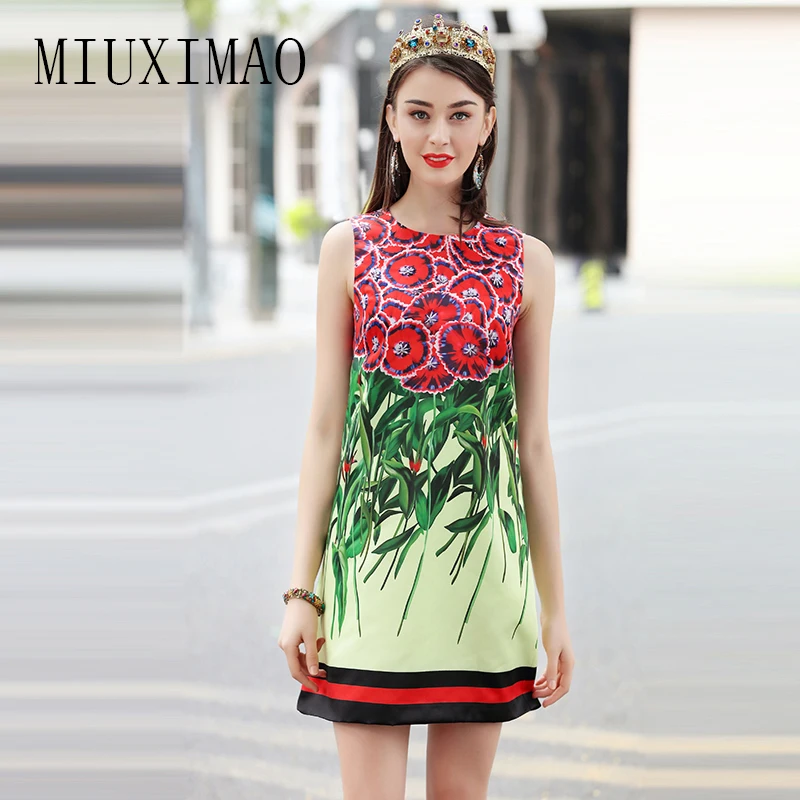 

2018 Spring New Arrival Fashion A-Line O-Neck Sleeveless Pattern Printed Beading Casual Above Knee Mini Elegant Dress Women