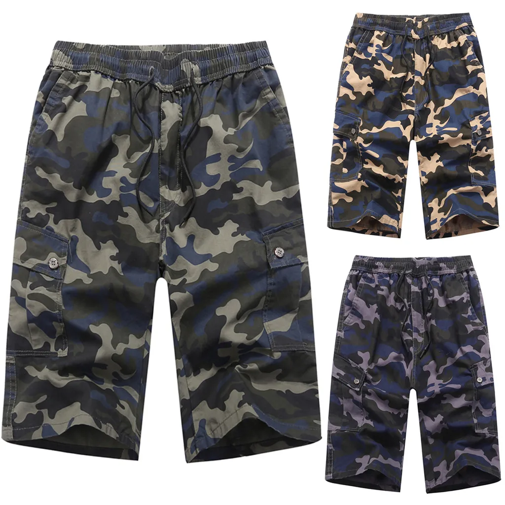 Летние спортивные брюки мужские хлопковые брюки карго мужские шорты камуфляжная Печать Свободный пояс шнурок пляжные до икры брюки L0423