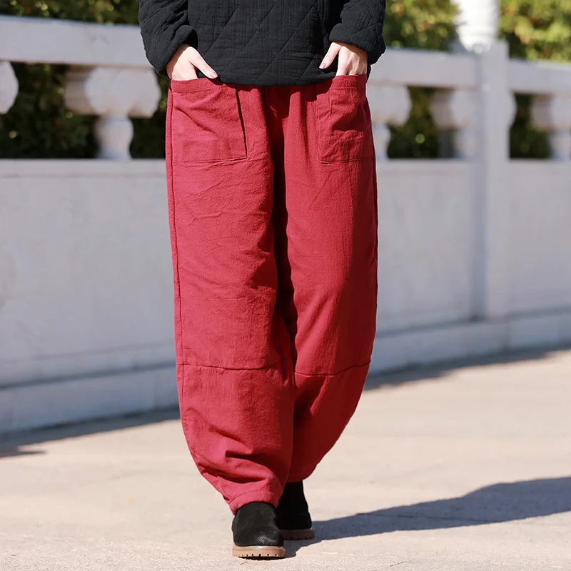New women big size ramie trousers winter cotton linen wide pants cotton padded warm bottom top quality clothes for women