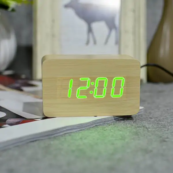 Suncree бамбук зеленый термометр светодиодный цифровые часы, управление звуками деревянные будильники, настольные часы Прямая поставка - Цвет: bamboo green