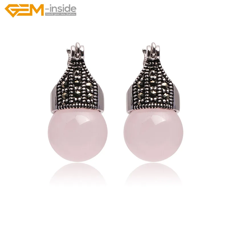 

Gem-inside 12mm Round Semi-precious Stone Stud Earrings Tibetan Silver Hooks Earrings For Women Trinket Gift Jewellery