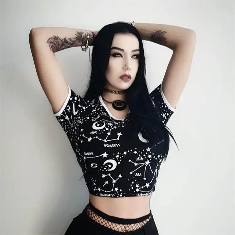 

Summer Women Print Crop Tops Bodycon Sexy Slim Women T-shirts Moom Star Print Witch Black Crop Tops Lady Casual Short Sleeve Tee