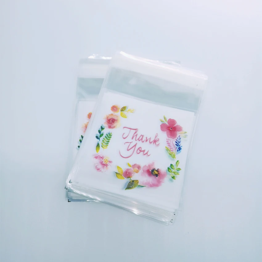 

100pcs/lot 7X7cm Floral hoop Thank you Cookie packaging candy self-adhesive plastic bags for biscuits snack baking package