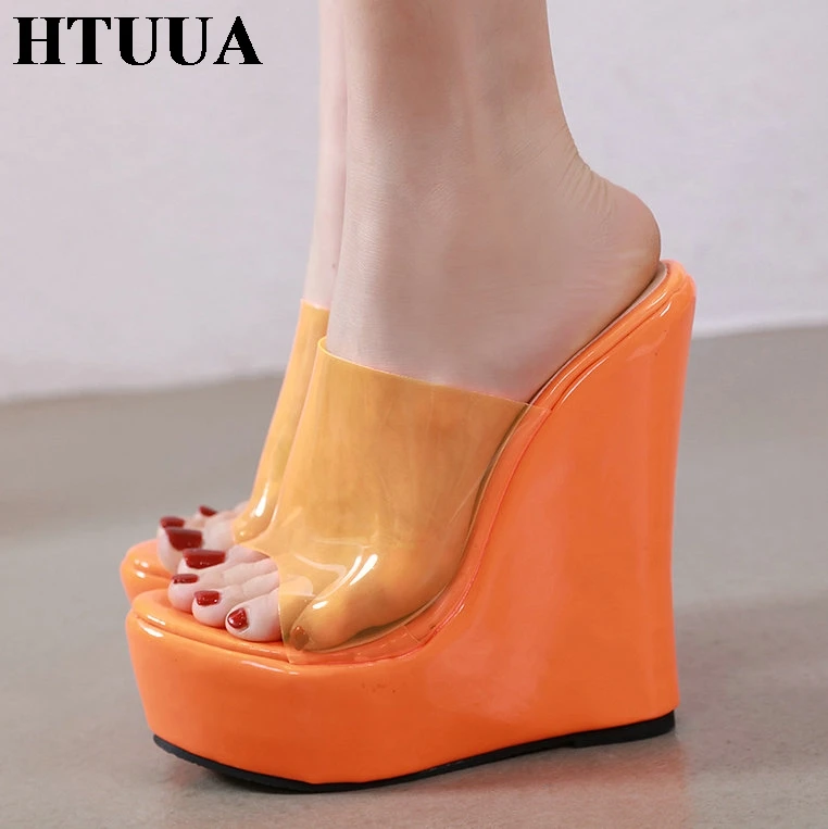 

HTUUA Transparent PVC Super High Heels Sandals Women Thick Platform Wedges Slippers Fruit Color Jelly Shoes Summer Slides SX2969