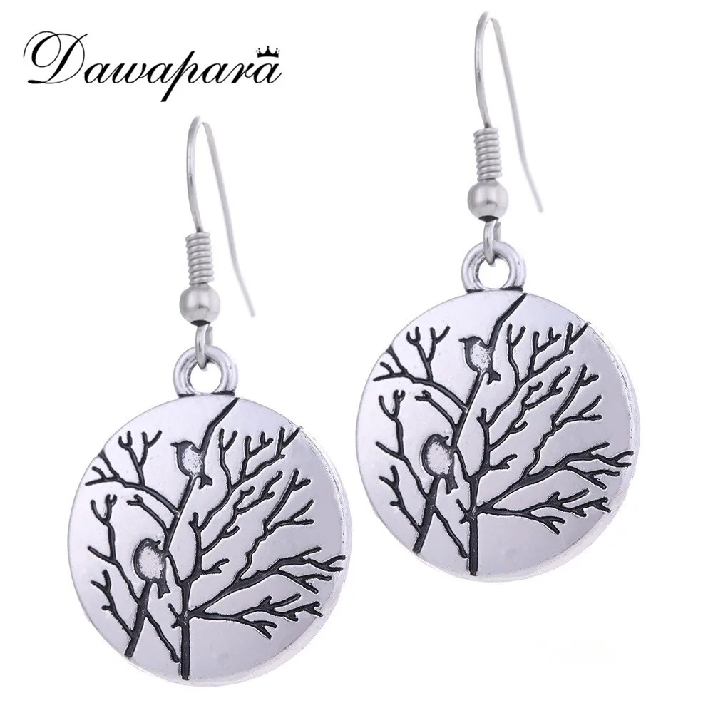 

Dawapara 2018 New Antique Silver Plated Round Earrings With Tree And Birds Earrings For Women Jewelry Classic Women Earrings