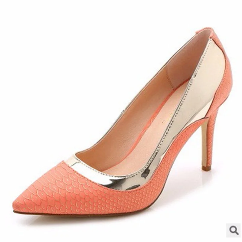 

Lady sexy Snake texture big size(4-12)Sequined glitter shallow pointed toe thin High covered heel women Thin shoes summer style
