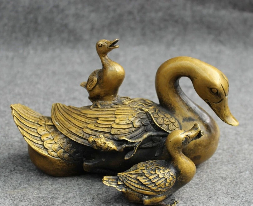

8" Chinese Bronze Lotus Quack-quack Sculpture Bird Quacker 3 Duck Family Statue