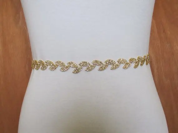 Тонкий свадебный пояс MissRDress стразы в форме листа Золотая Лента Свадебная со