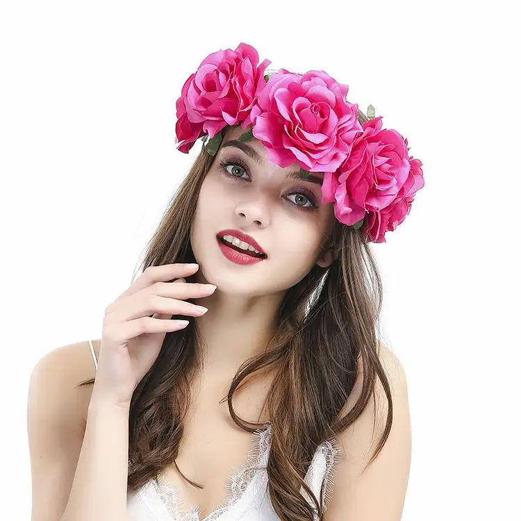 

Boho Girl Floral Bridesmaid Flower Headband Hair Garland Wedding Party Headpiece Red Flowers Fairy Bridal Headwear Accessories