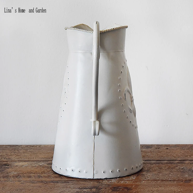 handmade white retro vintage metal watering can flower vase (4)
