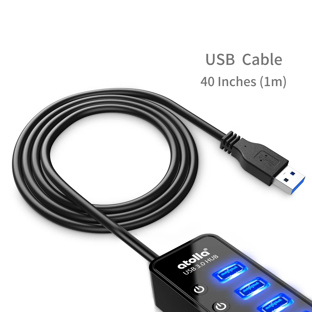 Atolla USB 3,0 концентратор 7 портов USB разветвитель с переключателями+ 1 умный порт зарядки, высокоскоростной USB разветвитель 5 Гбит/с, с адаптером питания