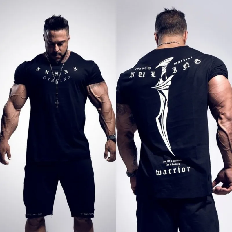 

2018 New Gyms Men BUKING Summer Bodybuilding and Fitness Mens Irregular hem Short Sleeve T-shirt Shirt