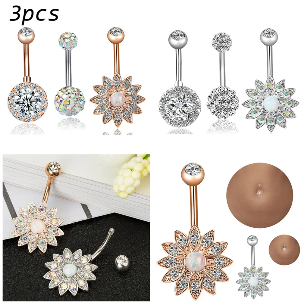 

3Pcs/set Lotus Opal Belly Piercing Belly Button Rings Opal Navel Piercing Ombligo Body Jewelry Flower Belly Ring Pircing