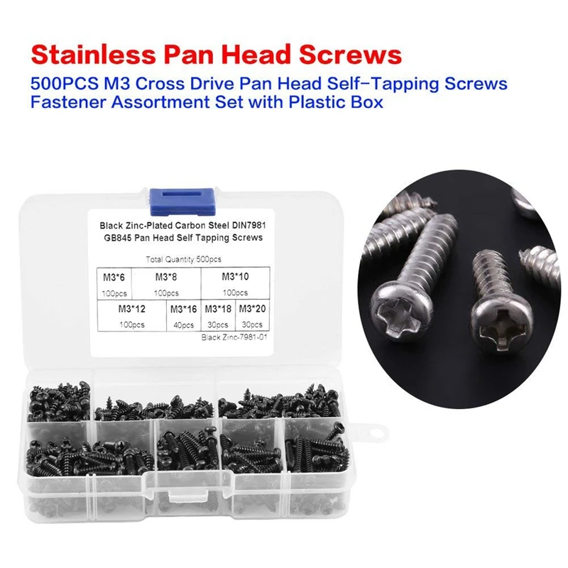 500pcsSet M3 Phillips Pan Head Screws Self Tapping Drilling Screws Assortment Kit Carbon Steel 6mm 8mm 10mm 12mm 16mm 18mm 20mm 2