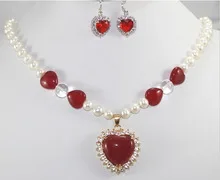Mujer благородство женские натуральные реального 7-8 мм белый культивированный жемчуг и красный драгоценный камень Цепочки и ожерелья серьги набор тонкой Moda